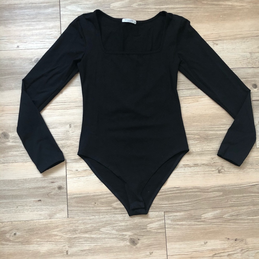 Mangopop Black Square Neck Long Sleeve Bodysuit